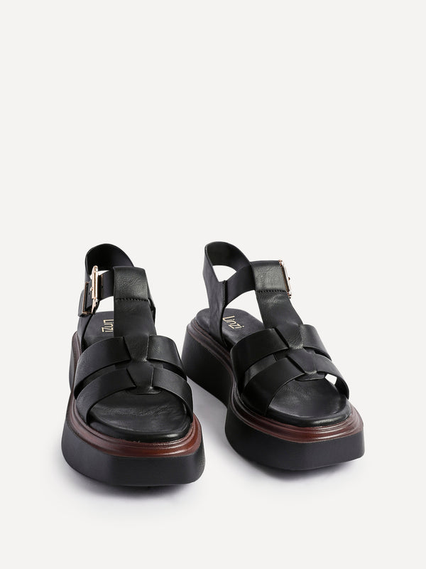 Linzi Black Faux Leather Gladiator Style Flatform Sandals