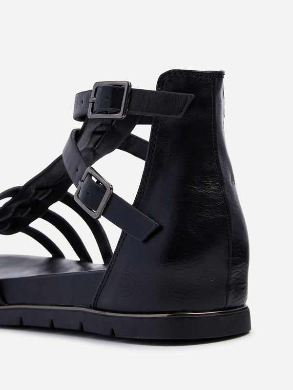 Linzi Black Faux Leather Gladiator Style T Bar Sandals