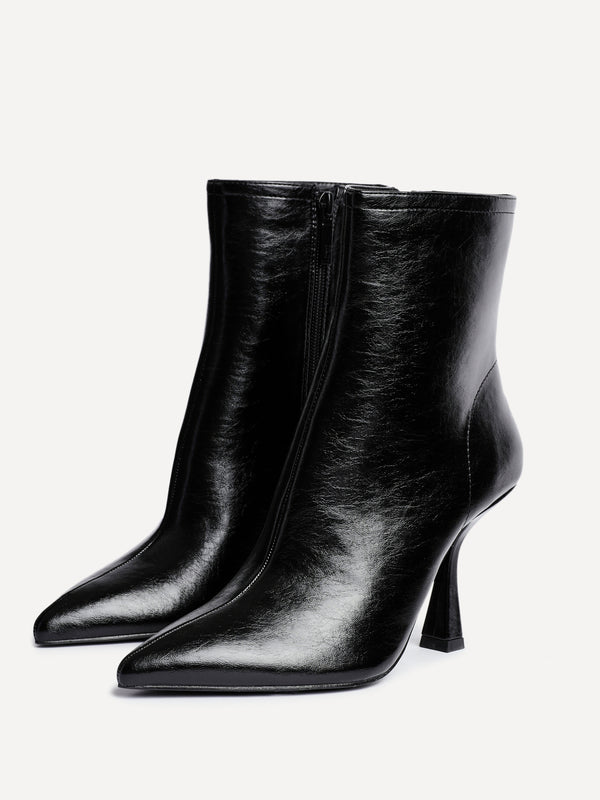 Linzi Black Faux Leather Heeled Boot With Pointed Toe