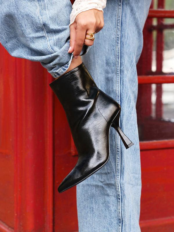 linzi Black Faux Leather Heeled Boot With Pointed Toe