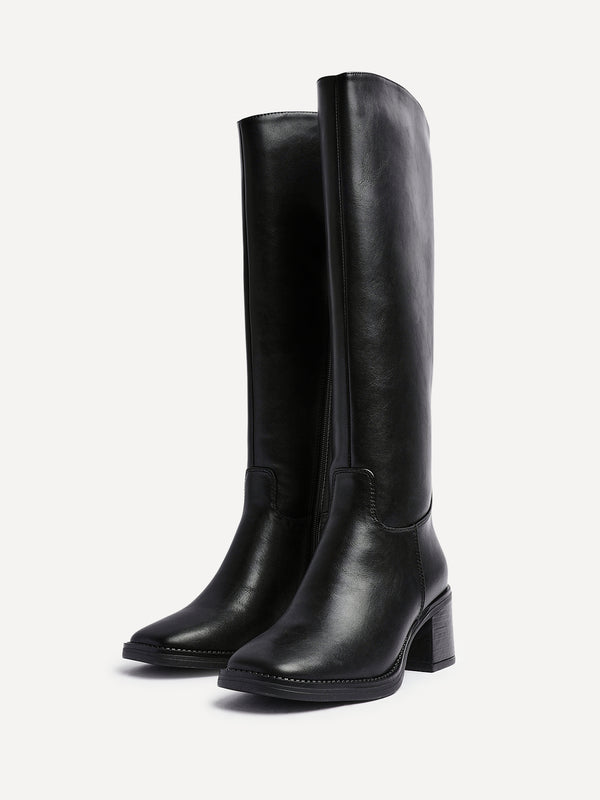 Linzi Black Faux Leather High Leg Block Heeled Boot