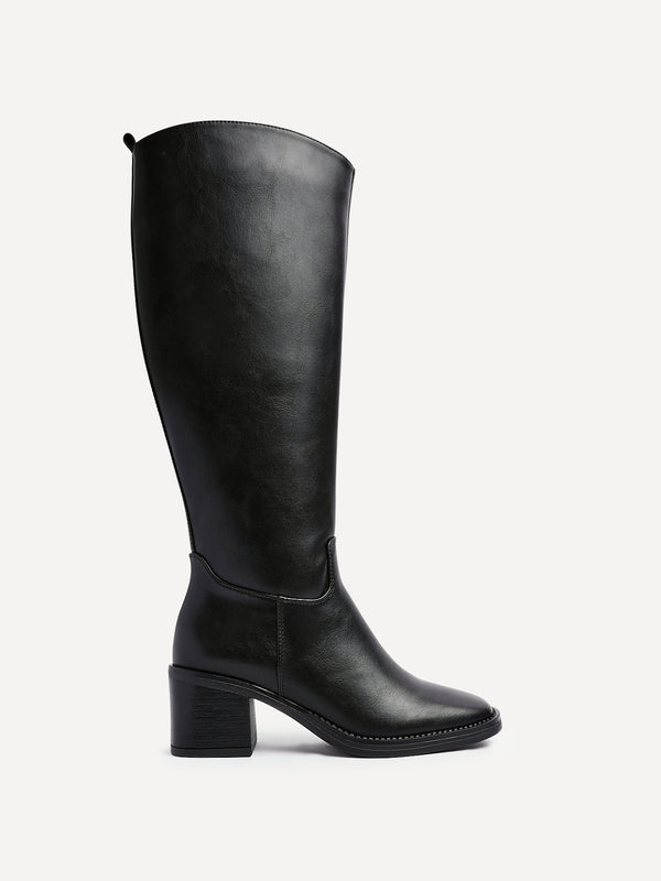 Linzi Black Faux Leather High Leg Block Heeled Boot