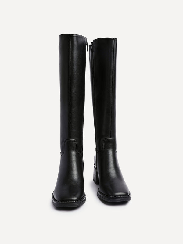 Linzi Black Faux Leather High Leg Block Heeled Boot