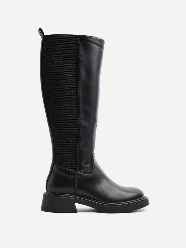 Linzi Black Faux Leather High Leg Boot With Elastic Gusset