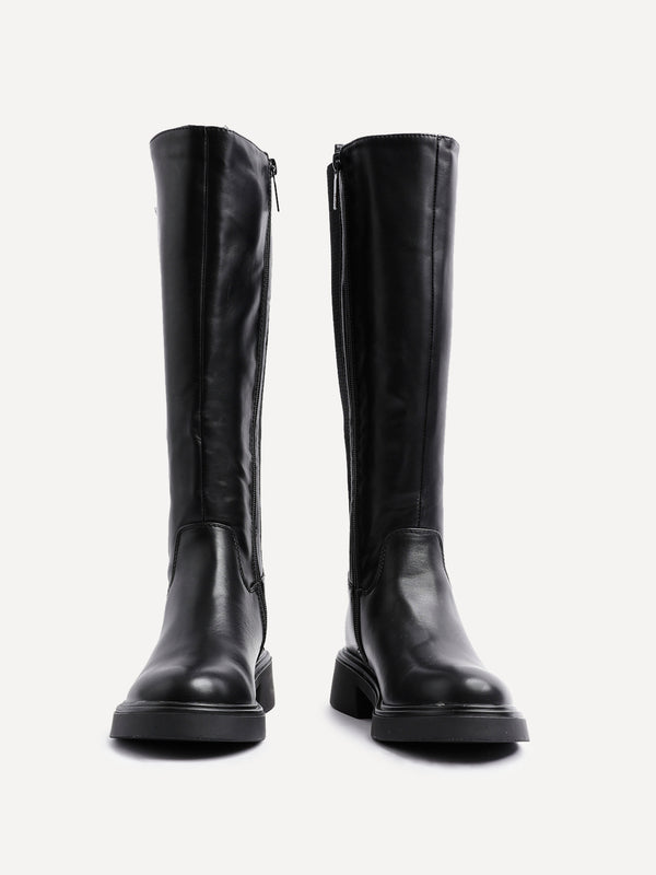 Linzi Black Faux Leather High Leg Boot With Elastic Gusset