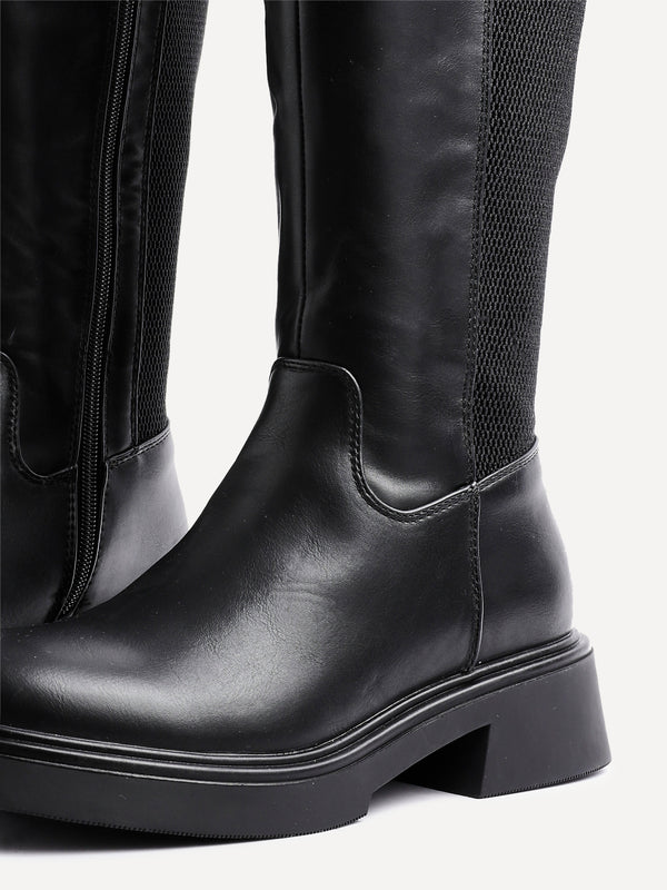 Linzi Black Faux Leather High Leg Boot With Elastic Gusset
