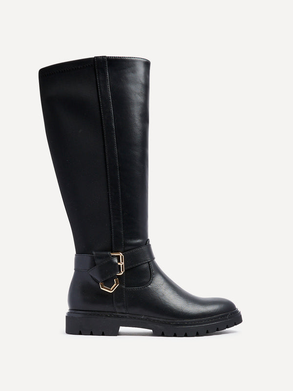 Linzi Black Faux Leather High Leg Boot With Gold Accent
