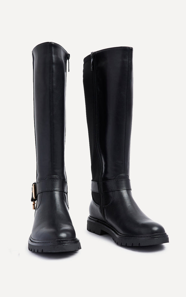 Linzi Black Faux Leather High Leg Boot With Gold Accent