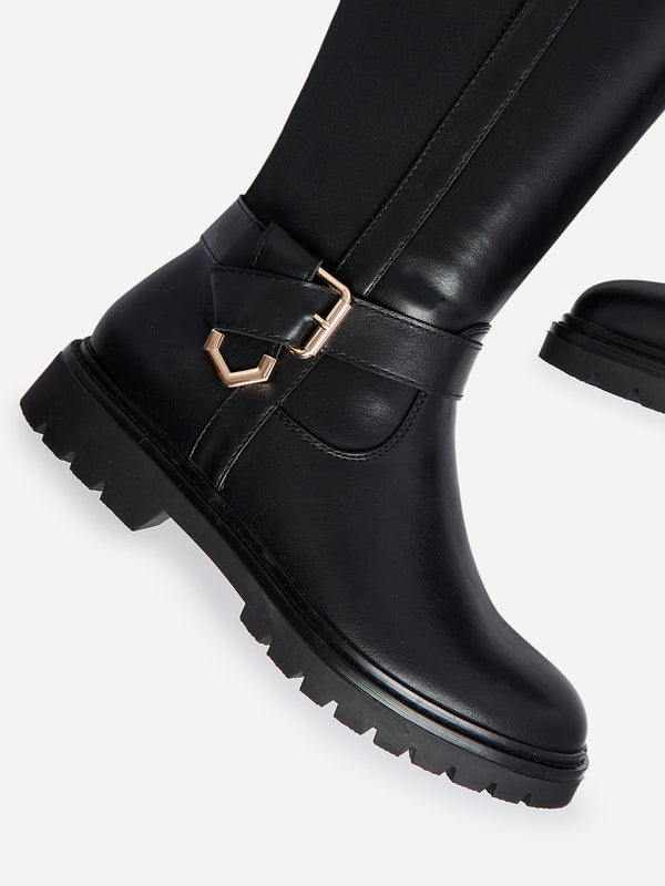 Linzi Black Faux Leather High Leg Boot With Gold Accent