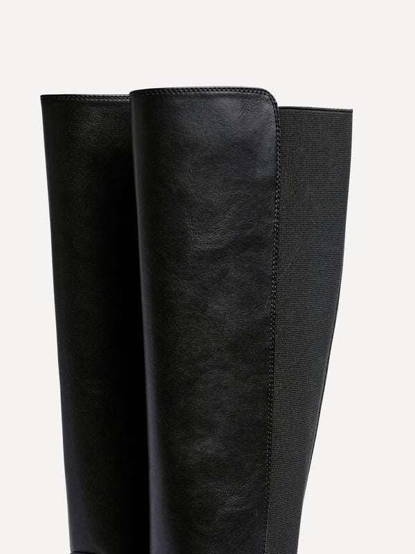 Linzi Black Faux Leather High Leg Boot With Gusset Back