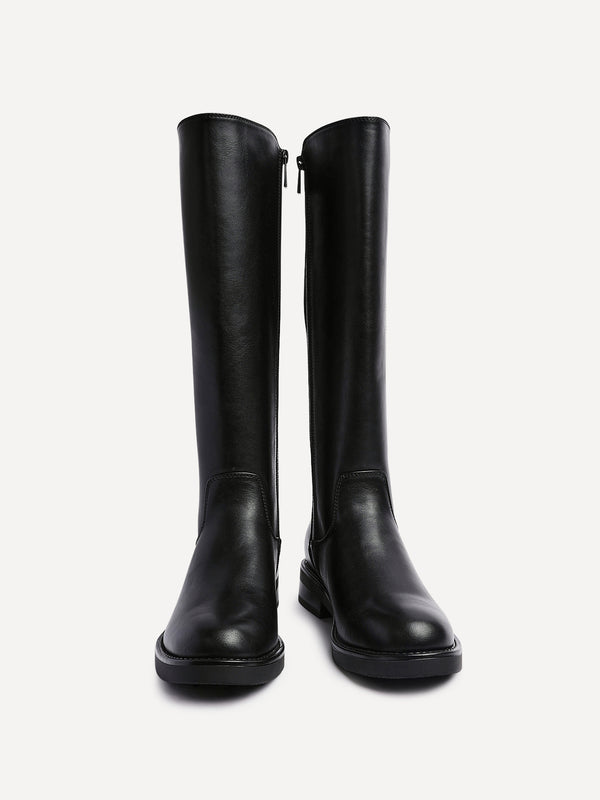 Linzi Black Faux Leather High Leg Boot With Gusset Back