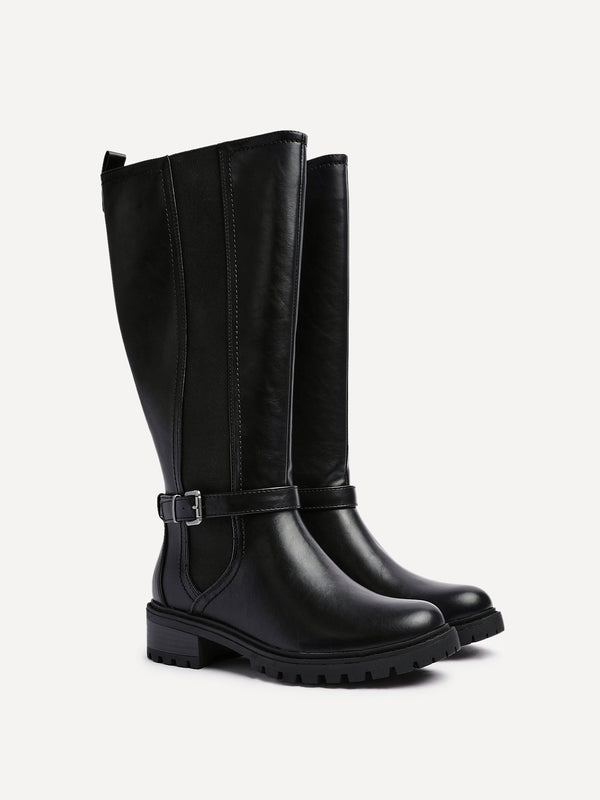 Linzi Black Faux Leather High Leg Boot With Stretch Panel And Buckle Detail