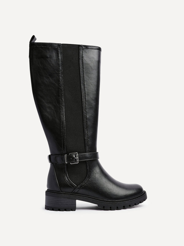 Linzi Black Faux Leather High Leg Boot With Stretch Panel And Buckle Detail