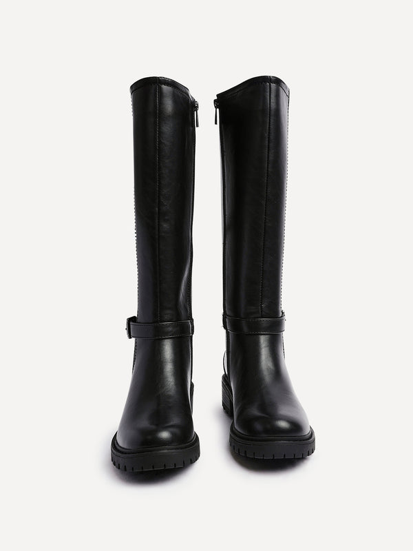 Linzi Black Faux Leather High Leg Boot With Stretch Panel And Buckle Detail