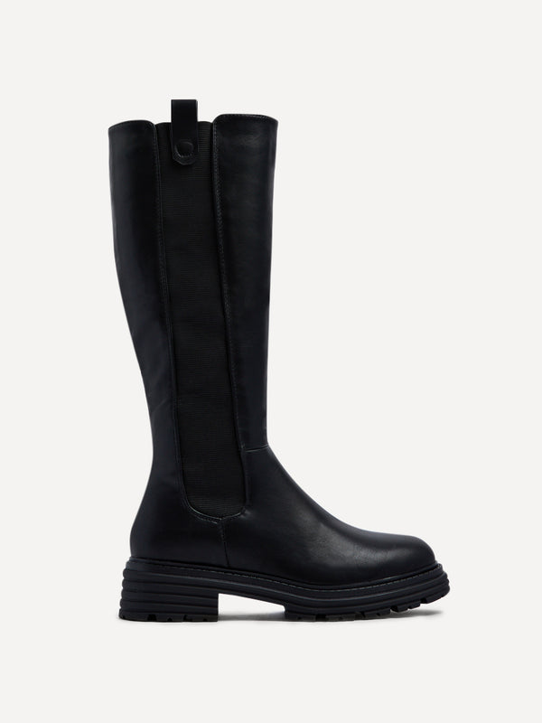Linzi Black Faux Leather High-leg Boot With Stretch Side Panels