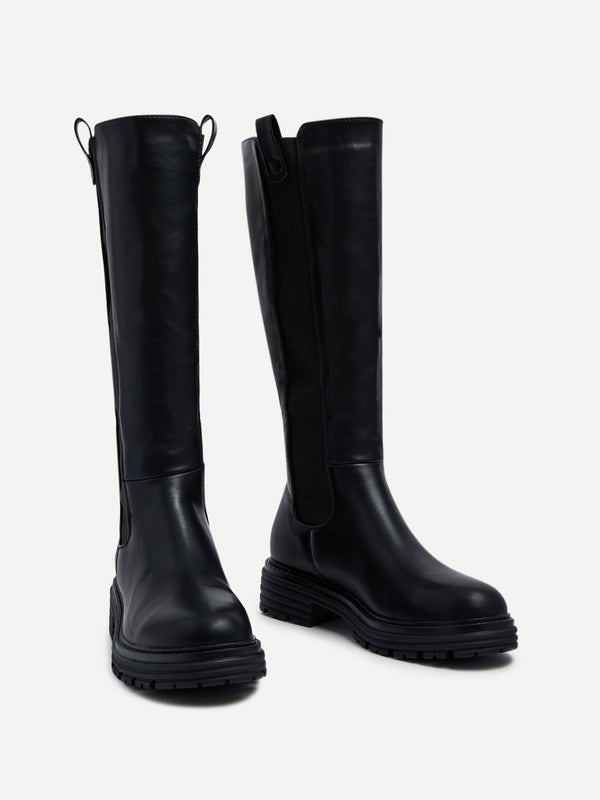 Linzi Black Faux Leather High-leg Boot With Stretch Side Panels