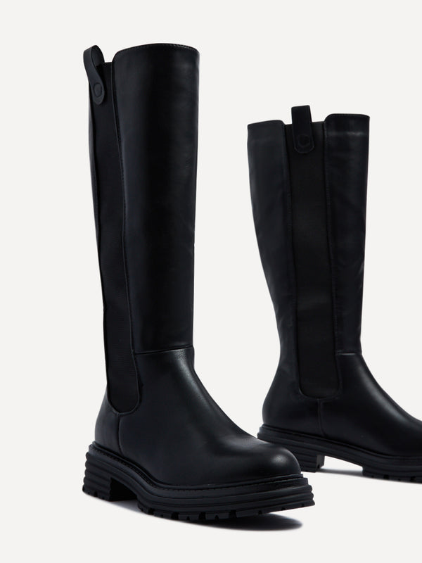 Linzi Black Faux Leather High-leg Boot With Stretch Side Panels