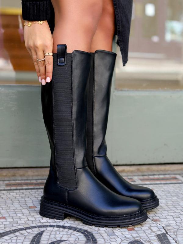 linzi Black Faux Leather High-leg Boot With Stretch Side Panels