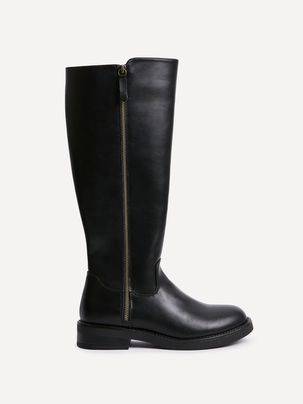 Linzi Black Faux Leather High Leg Boot With Zip Detail
