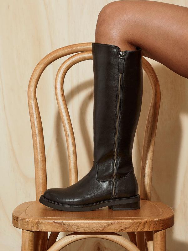 linzi Black Faux Leather High Leg Boot With Zip Detail