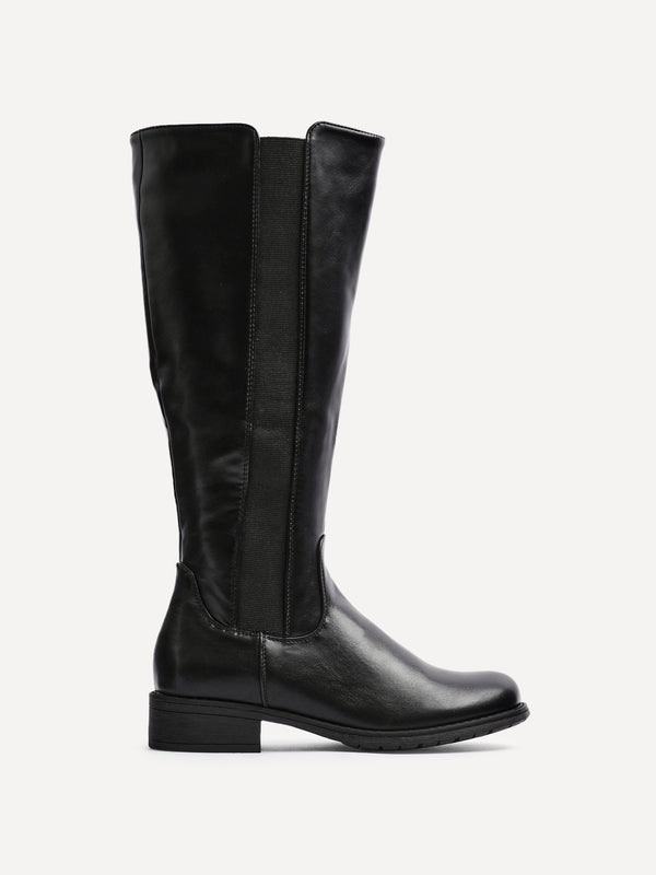 Linzi Black Faux Leather High Leg Riding Boot With Elasticated Panel