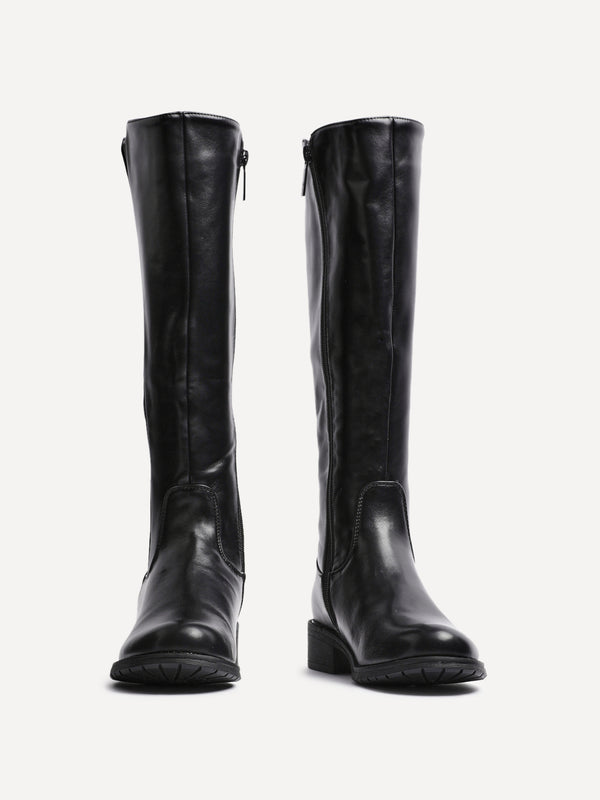 Linzi Black Faux Leather High Leg Riding Boot With Elasticated Panel