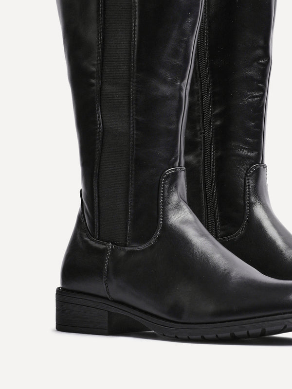 Linzi Black Faux Leather High Leg Riding Boot With Elasticated Panel
