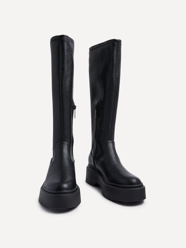 Linzi Black Faux Leather High Leg Stretch Boot With Chunky Platform Sole