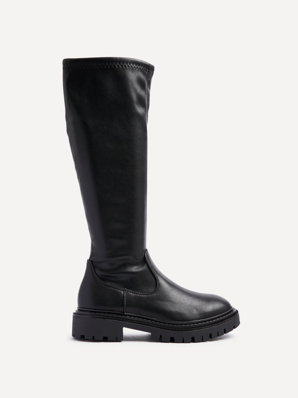 Linzi Black Faux Leather High Leg Stretch Boot With Chunky Sole