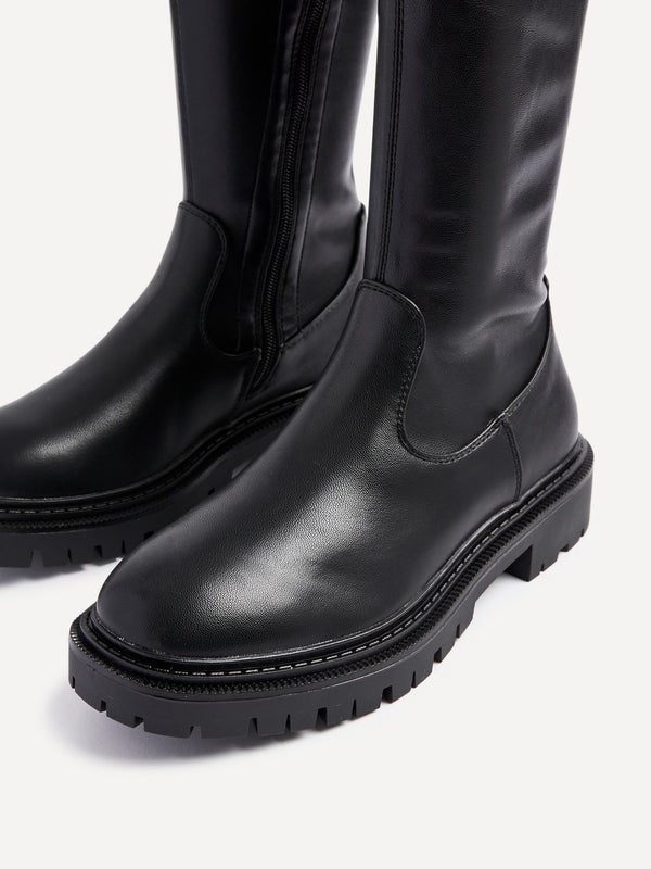 Linzi Black Faux Leather High Leg Stretch Boot With Chunky Sole