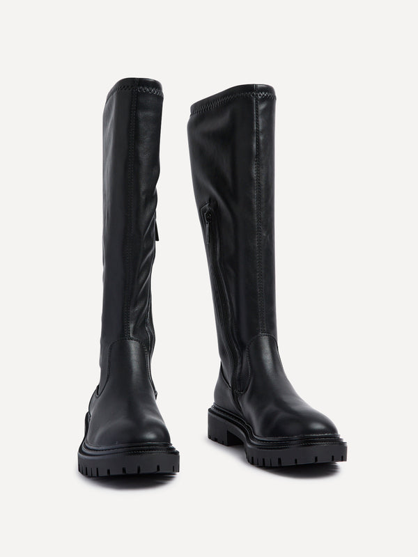 Linzi Black Faux Leather High Leg Stretch Boot With Chunky Sole