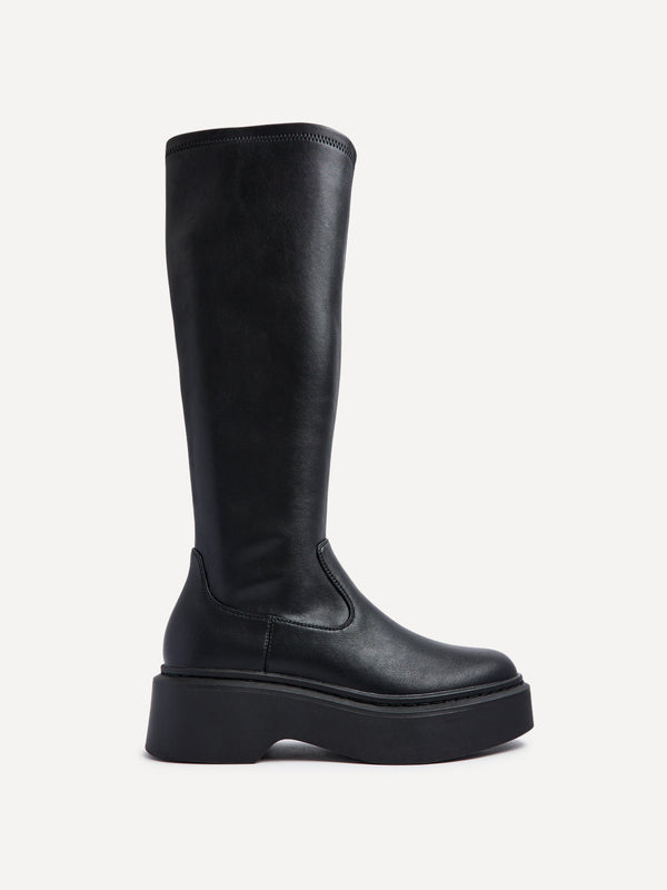Linzi Black Faux Leather High Leg Stretch Boot With Chunky Platform Sole