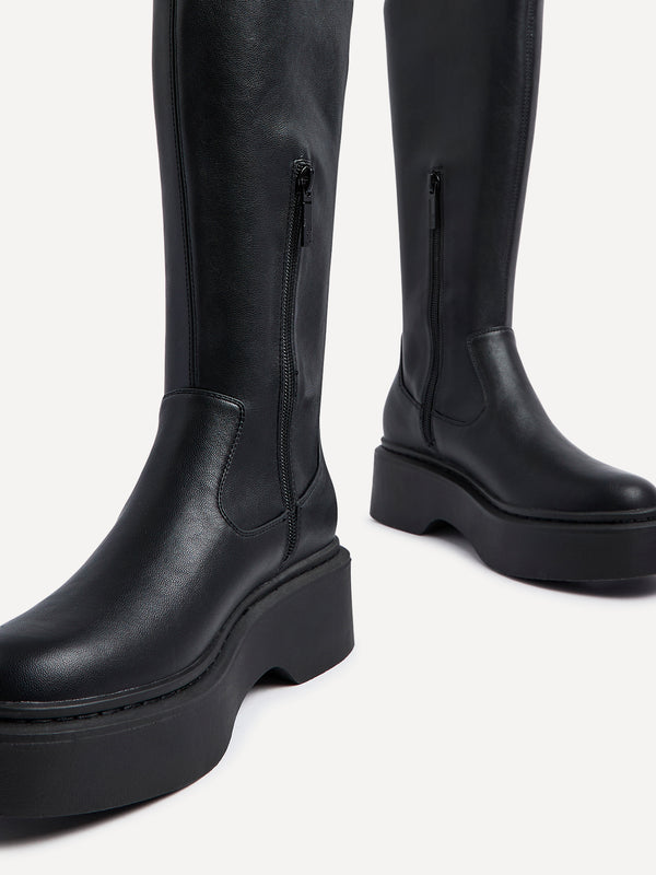 Linzi Black Faux Leather High Leg Stretch Boot With Chunky Platform Sole