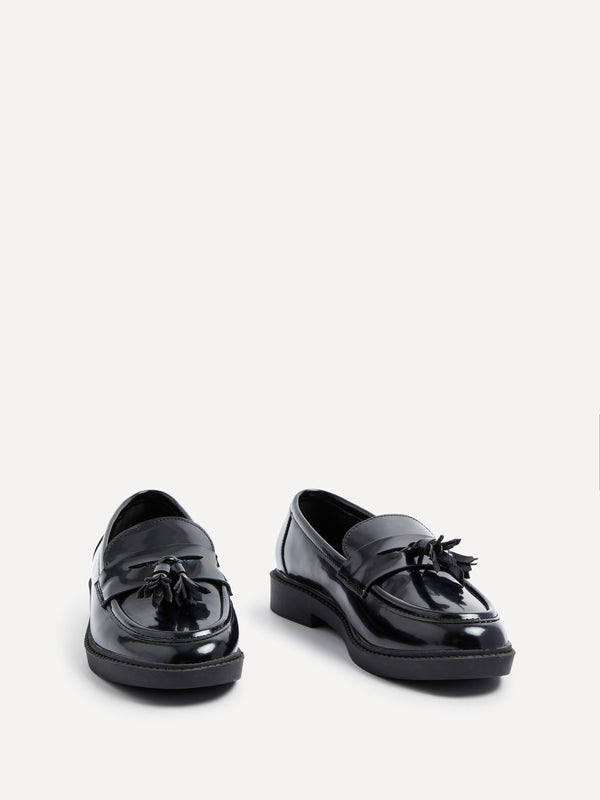 Linzi Black Faux Leather High Shine Classic Slip On Loafer With Tassel