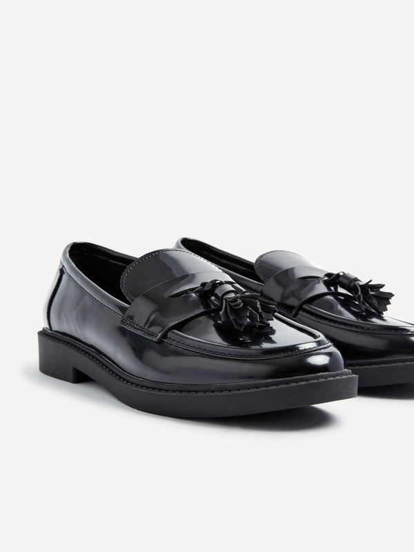 Linzi Black Faux Leather High Shine Classic Slip On Loafer With Tassel