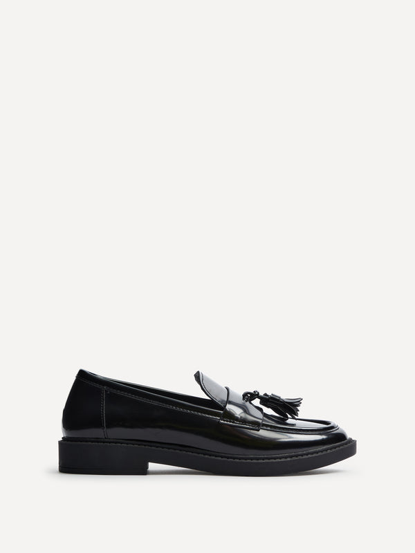 linzi Black Faux Leather High Shine Classic Slip On Loafer With Tassel
