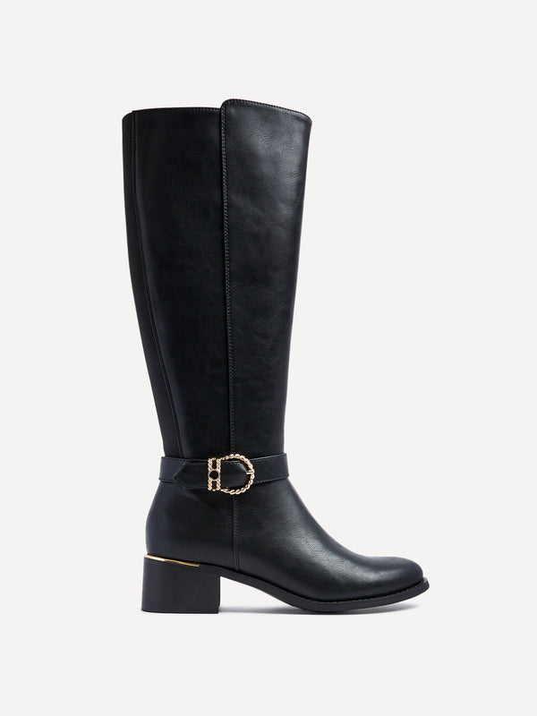 Linzi Black Faux Leather Knee High Boot With Gold Buckle Detail & Block Heel