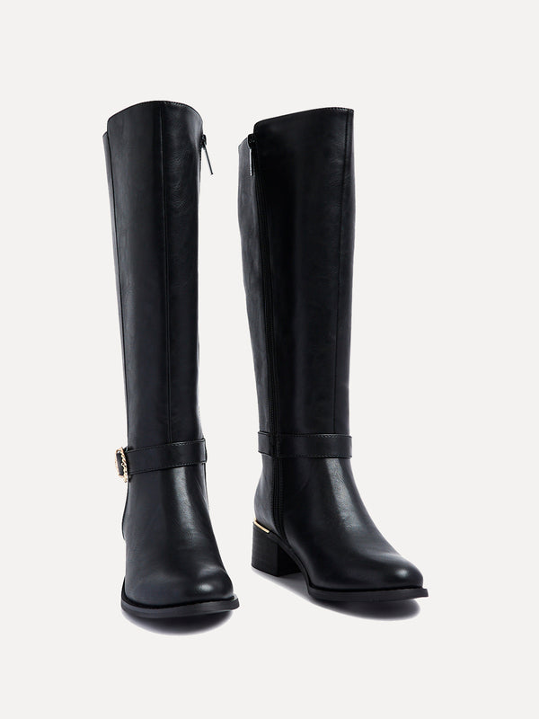 Linzi Black Faux Leather Knee High Boot With Gold Buckle Detail & Block Heel