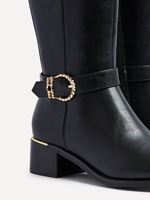 Linzi Black Faux Leather Knee High Boot With Gold Buckle Detail & Block Heel