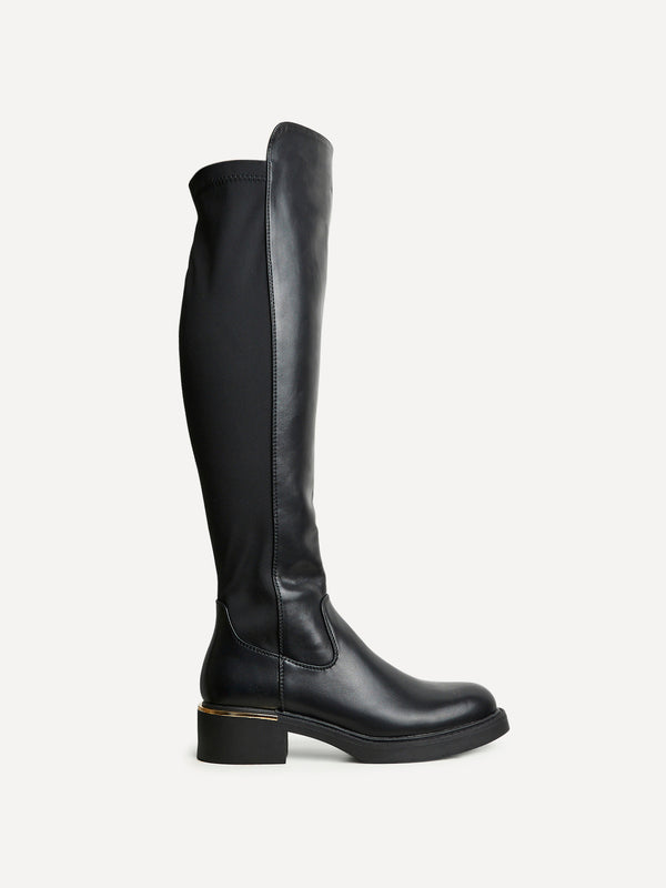 Linzi Black Faux Leather Knee High Classic Riding Boot With Gold Trim