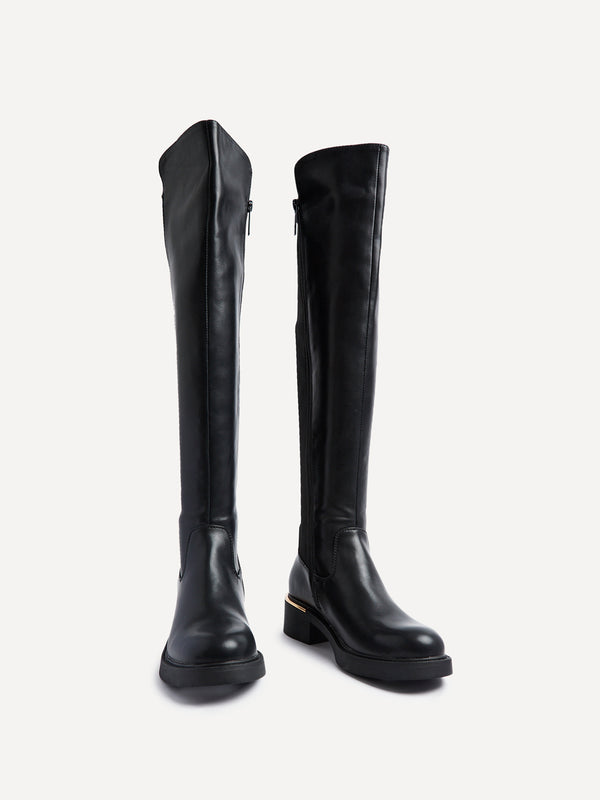 Linzi Black Faux Leather Knee High Classic Riding Boot With Gold Trim