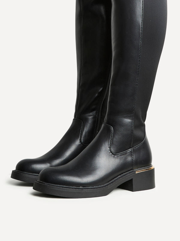 Linzi Black Faux Leather Knee High Classic Riding Boot With Gold Trim