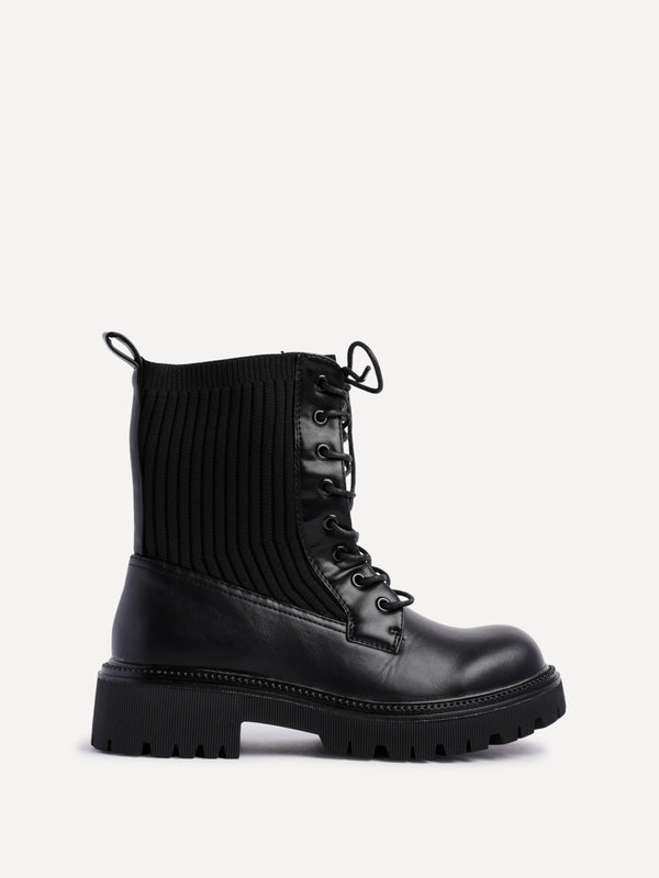 Linzi Black Faux Leather & Knit Chunky Military Boots