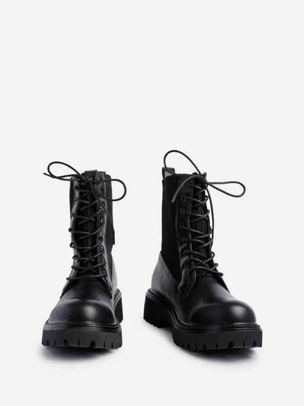Linzi Black Faux Leather & Knit Chunky Military Boots