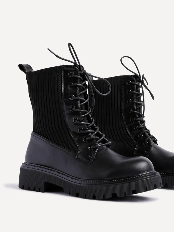 Linzi Black Faux Leather & Knit Chunky Military Boots