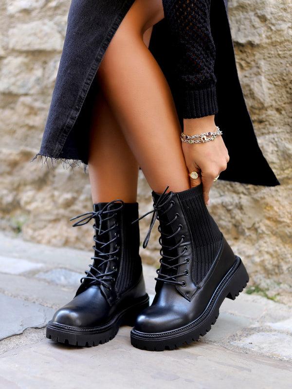 linzi Black Faux Leather & Knit Chunky Military Boots