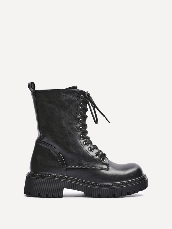 Linzi Black Faux Leather Lace Up Military Boot With Eyelet Detailing