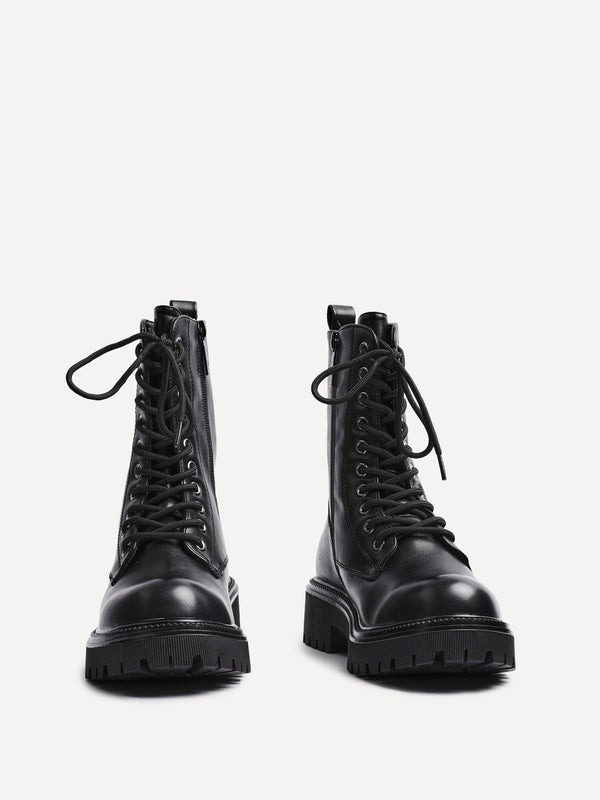 Linzi Black Faux Leather Lace Up Military Boot With Eyelet Detailing