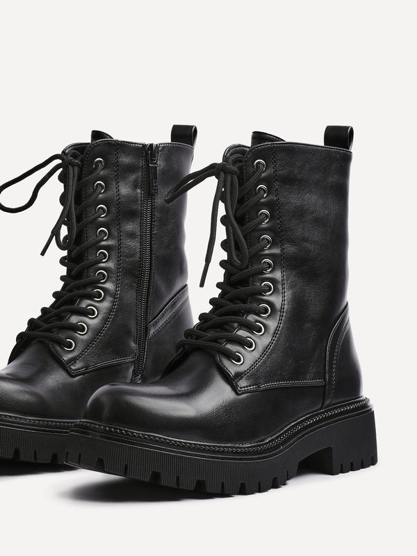 Linzi Black Faux Leather Lace Up Military Boot With Eyelet Detailing