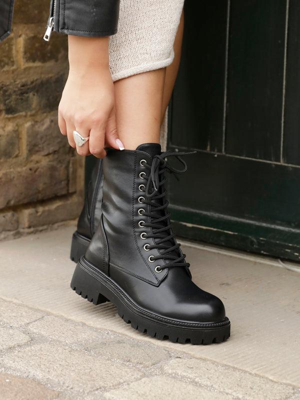 linzi Black Faux Leather Lace Up Military Boot With Eyelet Detailing